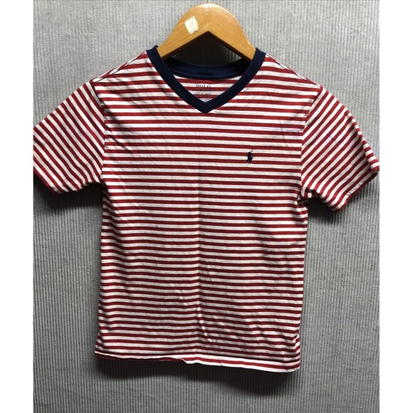 Polo Ralph Lauren Boys Tee Shirt Size M 10-12 Red White Stripes V Neck - Picture 1 of 11